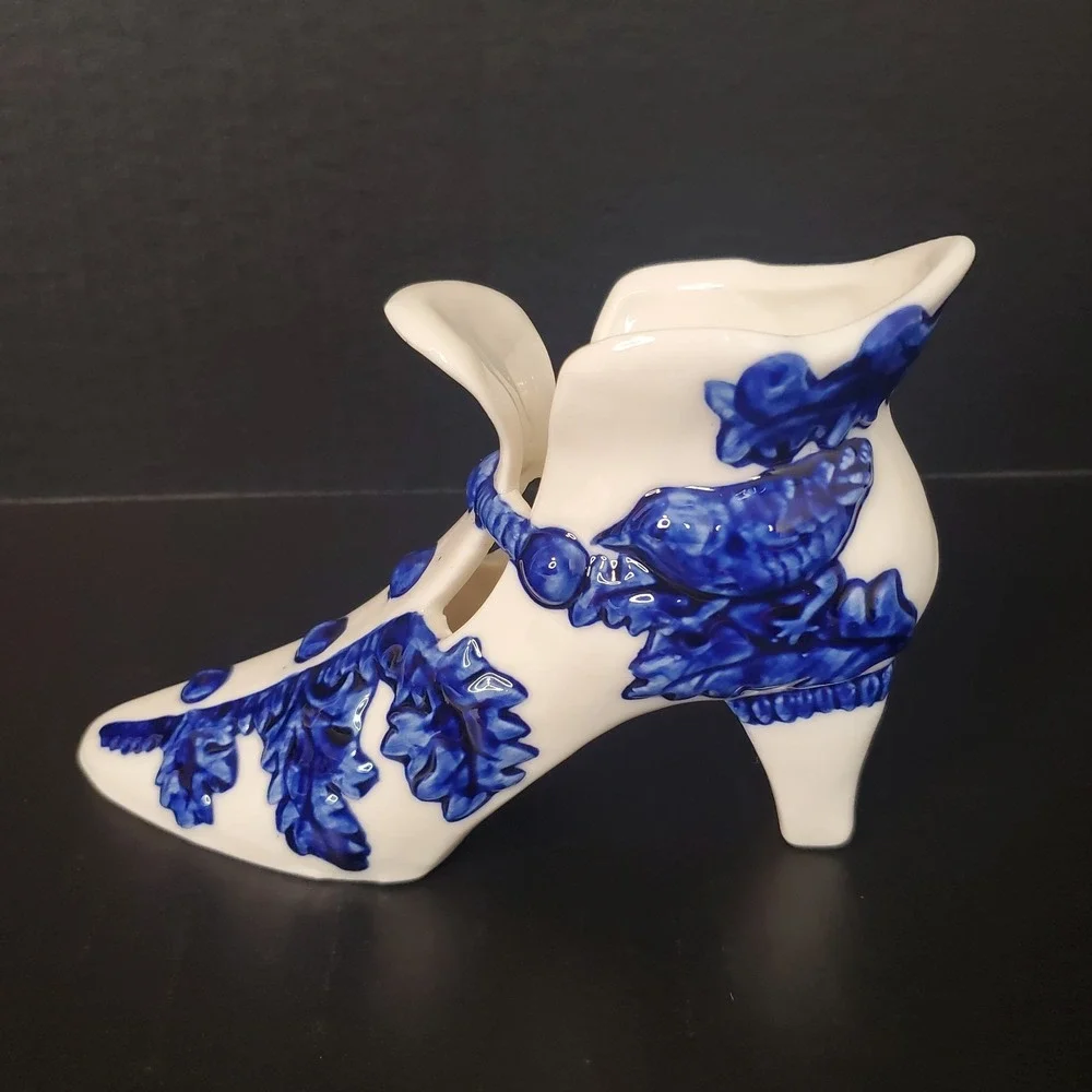 Vintage Victorian Shoe Delft Style Ceramic Planter Boot Décor Blue Bird On White
